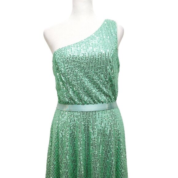 One-Shoulder Light Green Sequined Dress With Ribbon Waist Flowing Skirt Size M - Picture 5 of 12